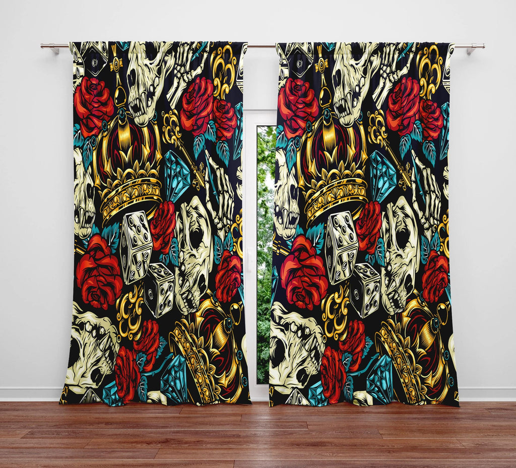 Kings Diamonds, Crowns and Skulls Window Curtain Panels - Deja Blue Studios