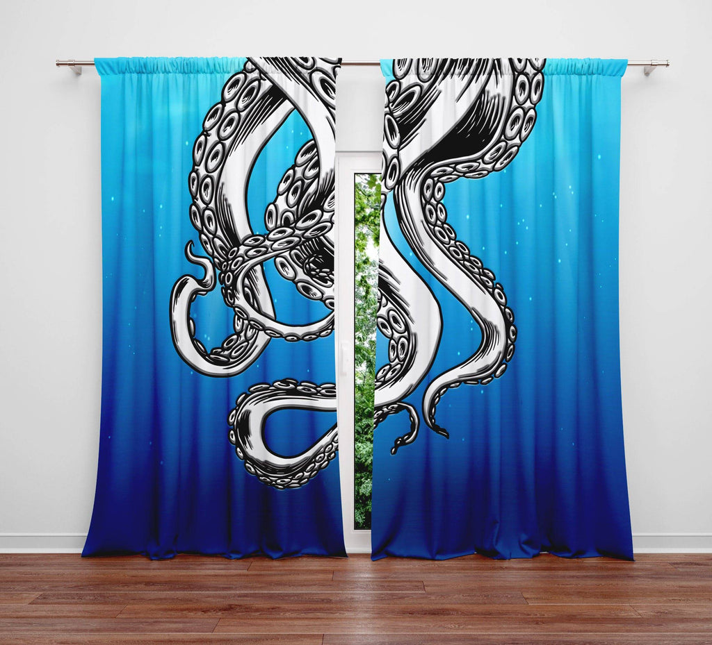 Blue Ocean Nautical Octopus Tentacles Window Curtain Panels - Deja Blue Studios