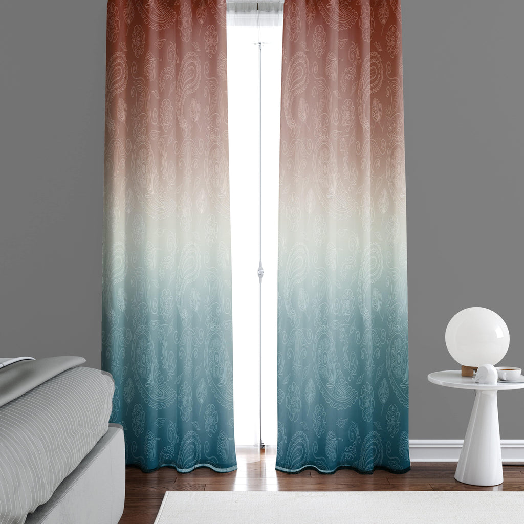 Southwestern Blue and Rust Sunset Gradient with Paisley Window Curtains - Deja Blue Studios