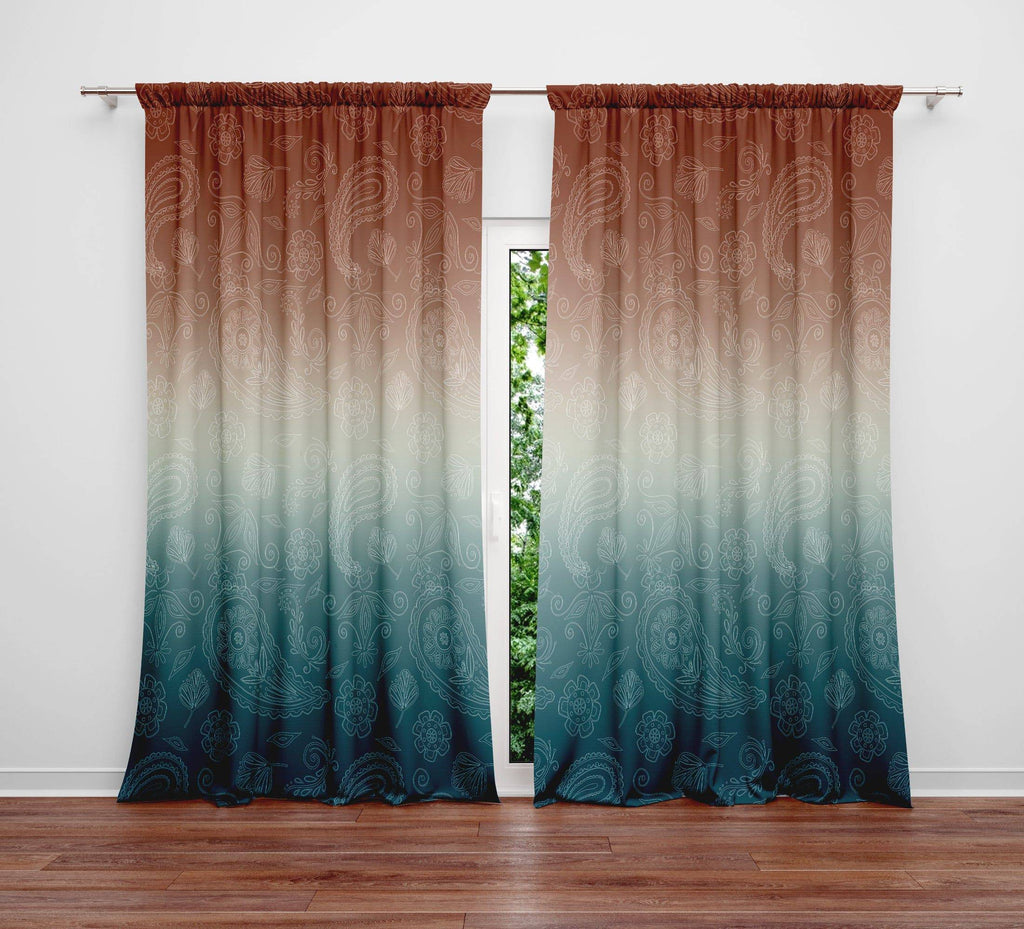 Southwestern Blue and Rust Sunset Gradient with Paisley Window Curtains - Deja Blue Studios