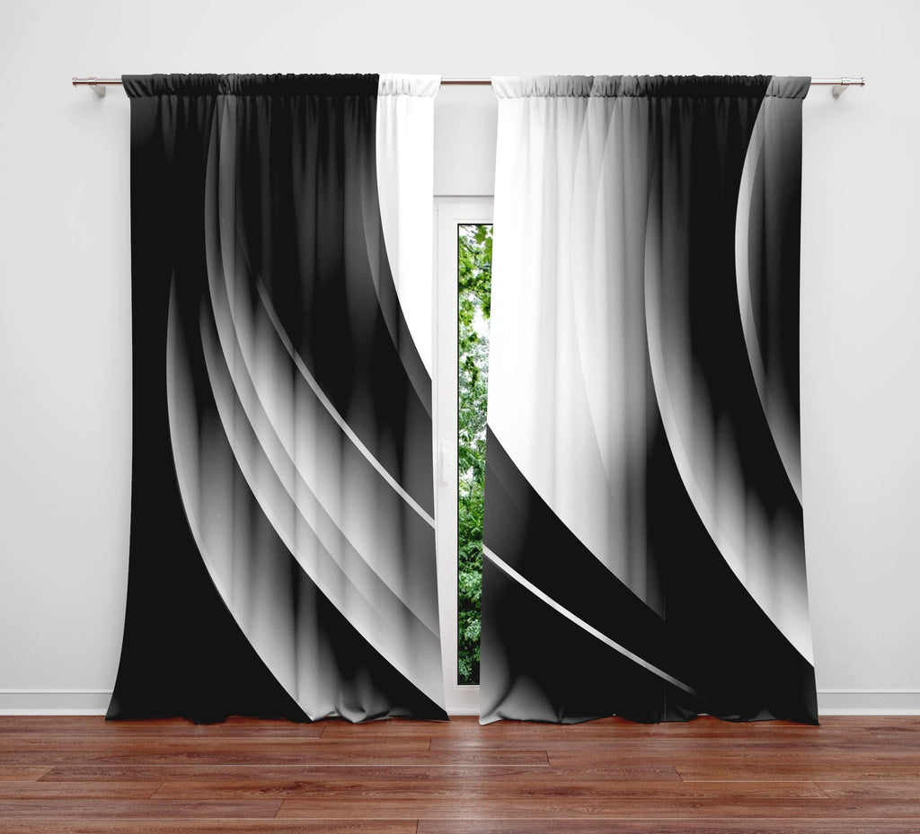 Black and White Modern Wavy Window Curtains - Deja Blue Studios