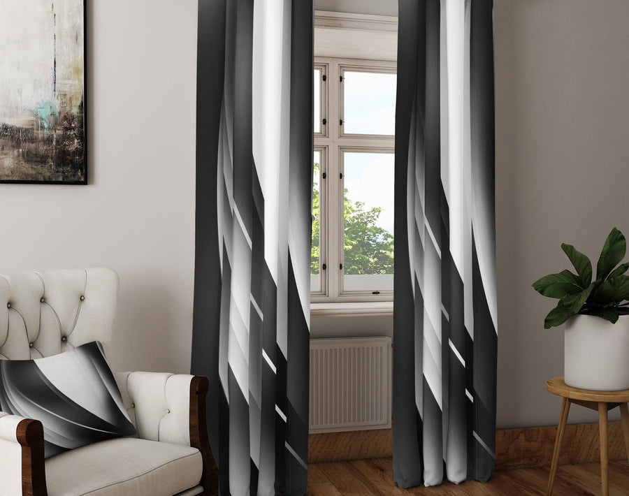 Black and White Modern Wavy Window Curtains - Deja Blue Studios