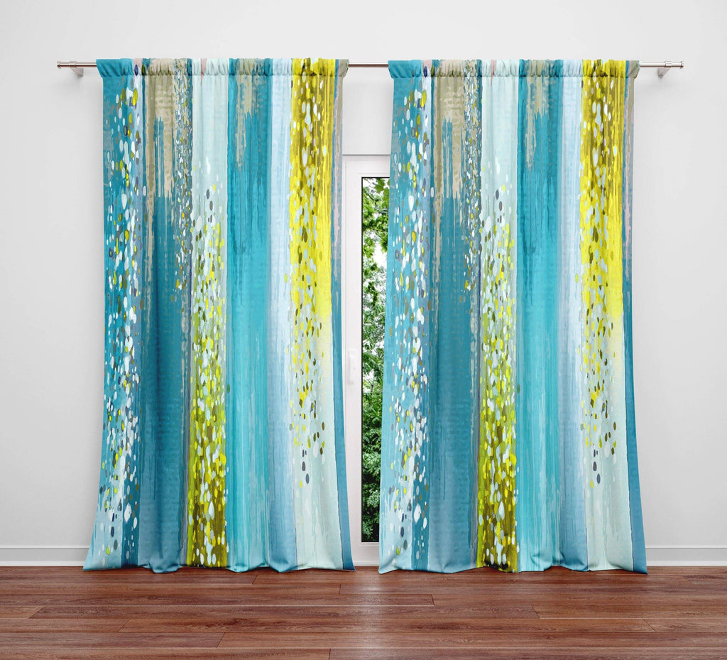 Striped Watercolor Boho Blue and Yellow Window Curtains - Deja Blue Studios