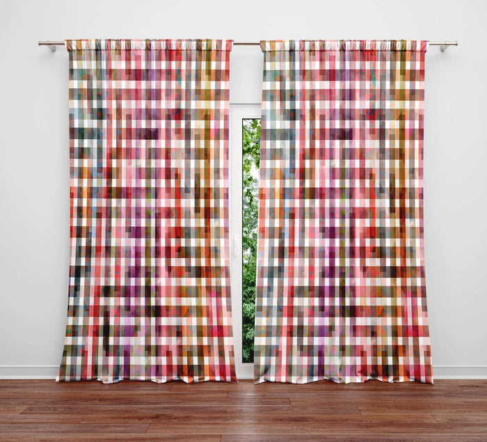 Burgundy Watercolor Plaid Window Curtains - Deja Blue Studios