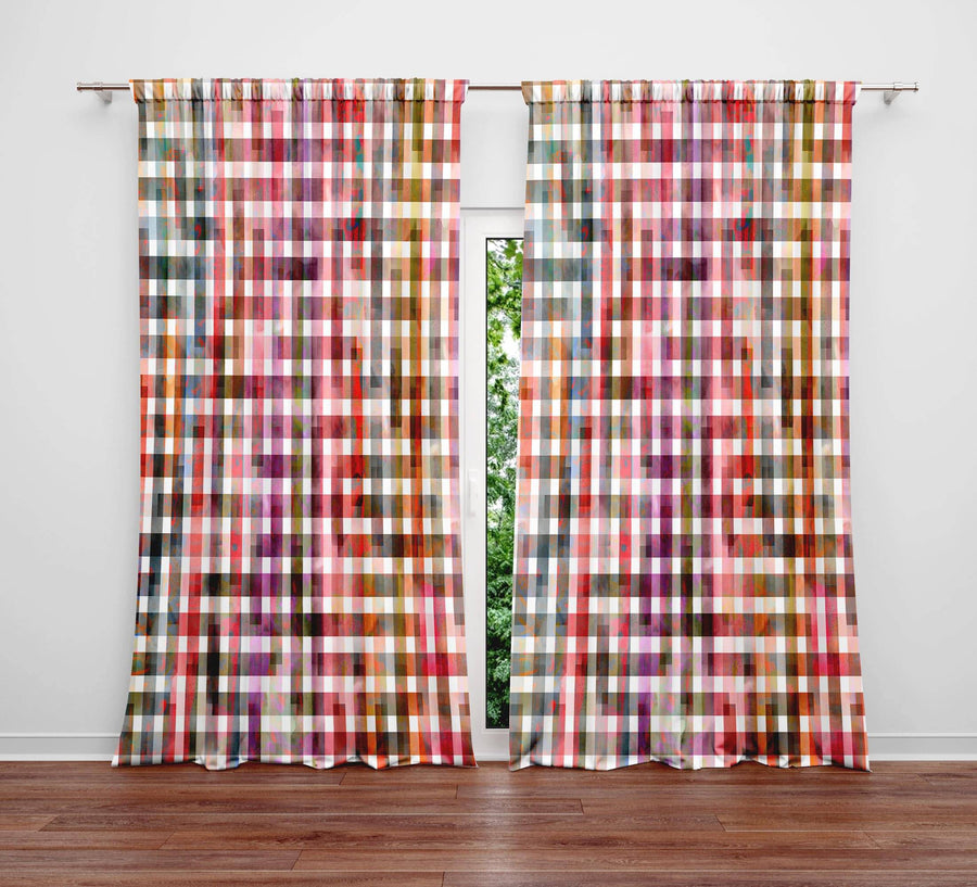 Burgundy Watercolor Plaid Window Curtains - Deja Blue Studios