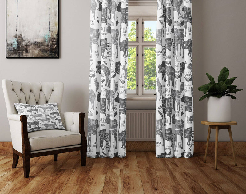 Gray Scale Farm Animal Meat Cuts Window Curtains - Deja Blue Studios