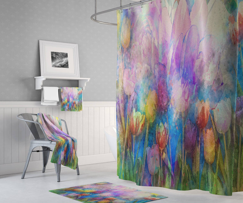 Pastel Watercolor Flowers Shower Curtain with Optional Bathmat | Green and Purple Bathroom Decor - Deja Blue Studios