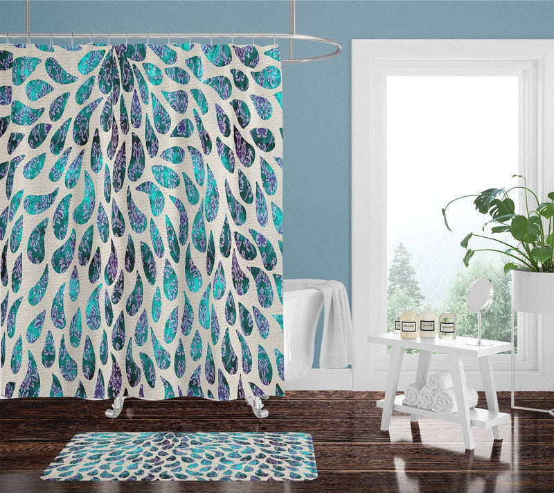 Victorian Rain Shower Curtain w/ Bathmat Set Options | Teal and Purple Paisley | Tear Drop Pattern Shower Set - Deja Blue Studios