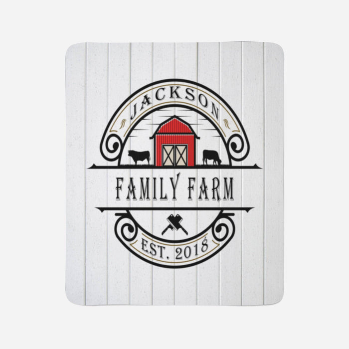 Personalized Farmhouse Chic Throw Blanket | Size and Material Options | White Wood Pattern Print with Custom Farm Logo - Deja Blue Studios
