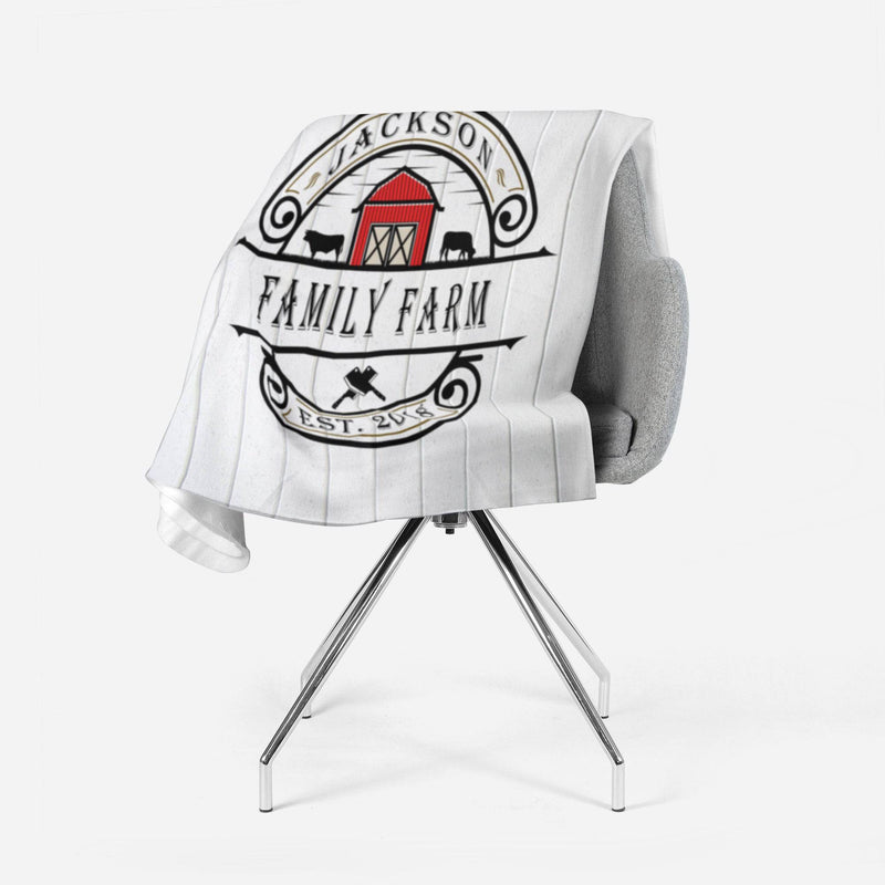 Personalized Farmhouse Chic Throw Blanket | Size and Material Options | White Wood Pattern Print with Custom Farm Logo - Deja Blue Studios
