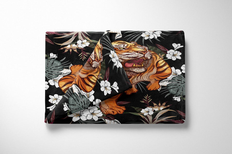 Stunning Tiger and Floral Print Throw Blanket | Size and Material Options | Wild Animal, Big Cat Blanket - Deja Blue Studios
