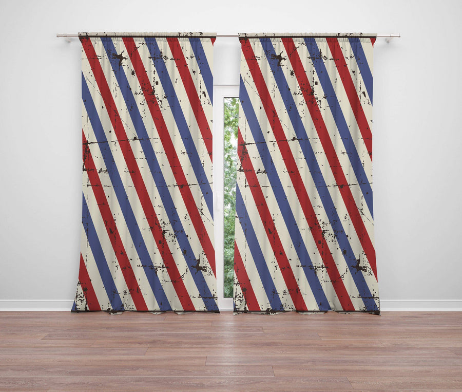 Red and Blue Striped Barber Shop Window Curtains - Deja Blue Studios