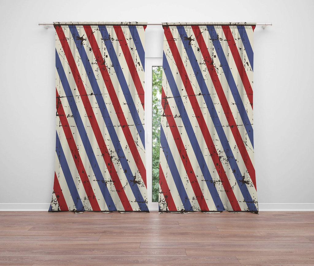 Red and Blue Striped Barber Shop Window Curtains - Deja Blue Studios