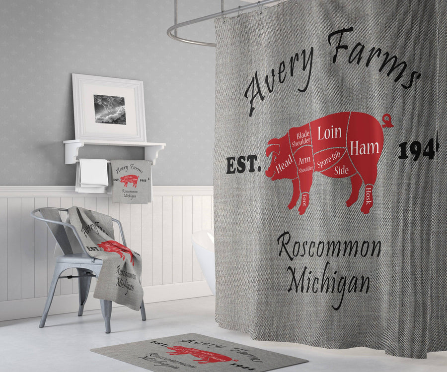 Personalized Rustic Meat Cut Farm Shower Curtain with Optional Bathmat | Cow, Pig and Chicken, Faux Gray Burlap Print - Deja Blue Studios