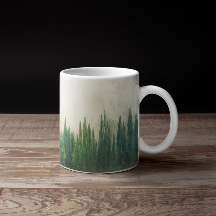Scenic Nature 15 Ounce Coffee Mug | Digital Art | Pine Forest | Foggy Forest | Green and Cream Coffee Cup - Deja Blue Studios