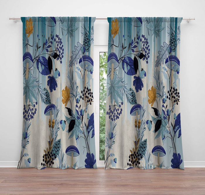 Monochrome Blue Floral Print Window Curtain Panels - Deja Blue Studios