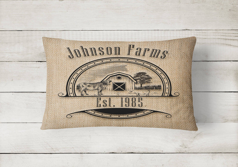 Personalized Rustic Farmhouse Throw Pillows | Square and Rectangle Pillows | Faux Burlap Print, Cow and Chicken Design - Deja Blue Studios