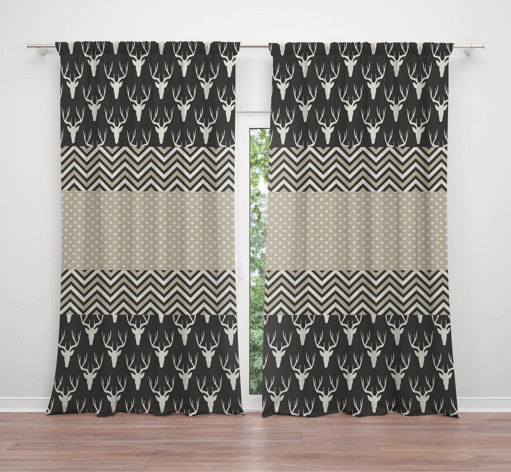 Black and Beige Rustic Window Curtain Panels | Chevron Pattern - Deja Blue Studios