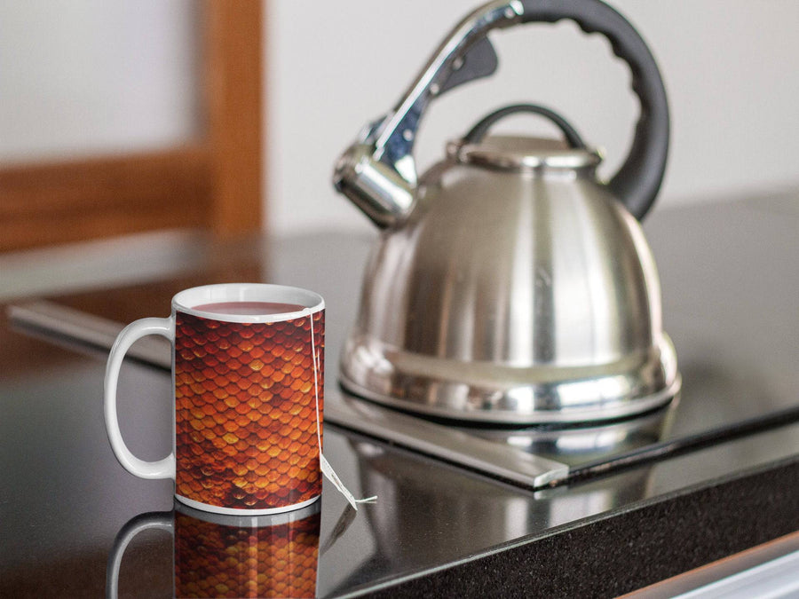 Dragon Scale Coffee Mug | 15 Ounce Coffee Cup | Fire Red and Orange Scales - Deja Blue Studios