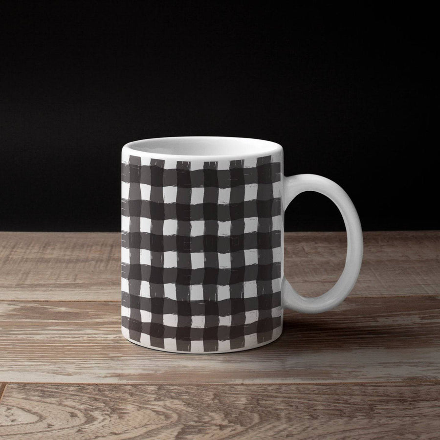 Custom Buffalo Plaid Coffee Mug | 15 Ounce Coffee Cup | Black and White Plaid - Deja Blue Studios