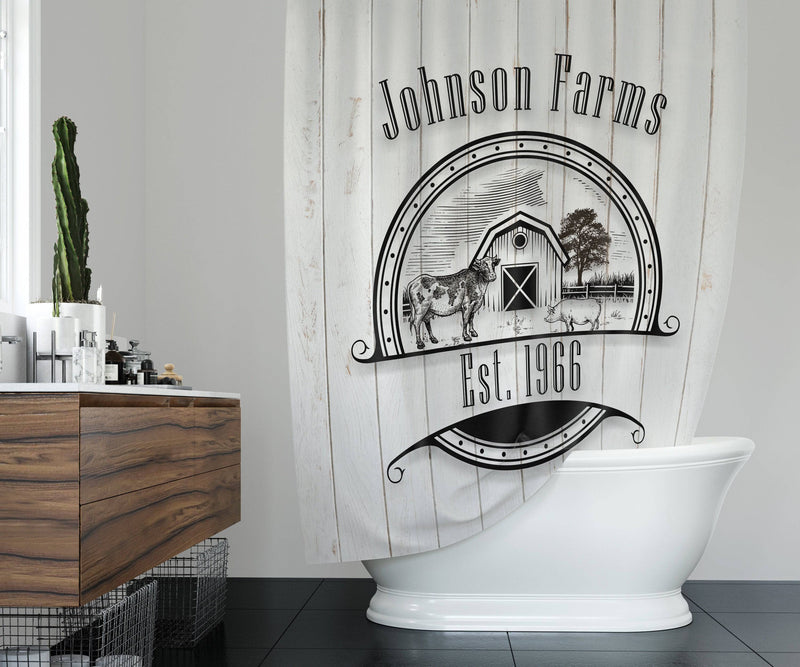 Rustic Farmhouse Shower Curtain Personalized | Cow and Pig Logo on Faux Burlap or Rustic Wood Print - Deja Blue Studios