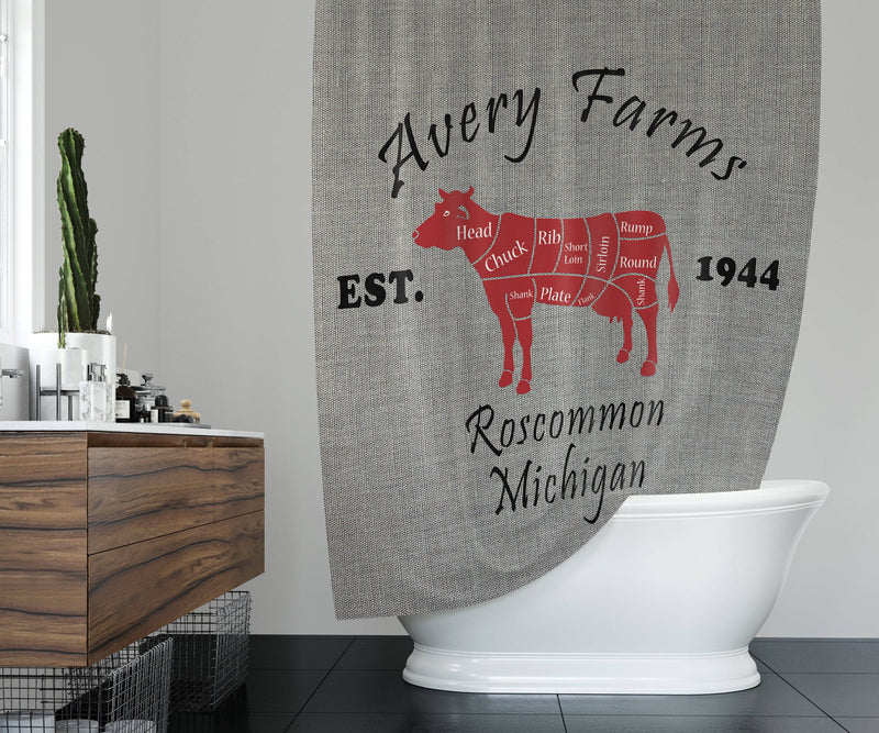 Personalized Rustic Meat Cut Farm Shower Curtain with Optional Bathmat | Cow, Pig and Chicken, Faux Gray Burlap Print - Deja Blue Studios