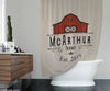 Rustic Personalized Farmhouse Bathroom Shower Curtain With Family Name | Red Barn, Vintage Farm Themed Bathroom Decor - Deja Blue Studios