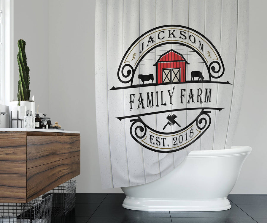 Farmhouse Shower Curtain | Personalized Rustic Shower Curtain | White and Red Barn Farm Logo - Deja Blue Studios