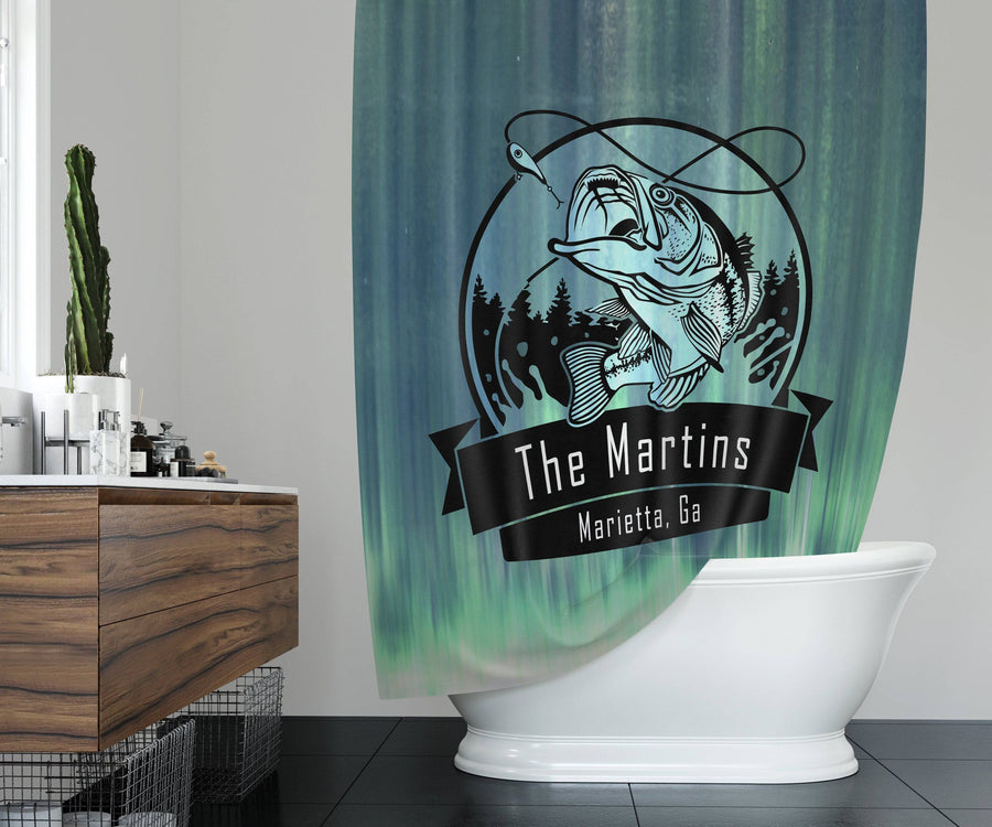 Personalized Green Water Largemouth Bass Shower Curtain | Personalized Fishing Bathroom Decor | Rustic, Sportsmen Gift - Deja Blue Studios
