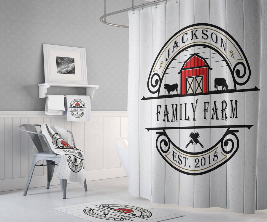 Farmhouse Shower Curtain | Personalized Rustic Shower Curtain | White and Red Barn Farm Logo - Deja Blue Studios