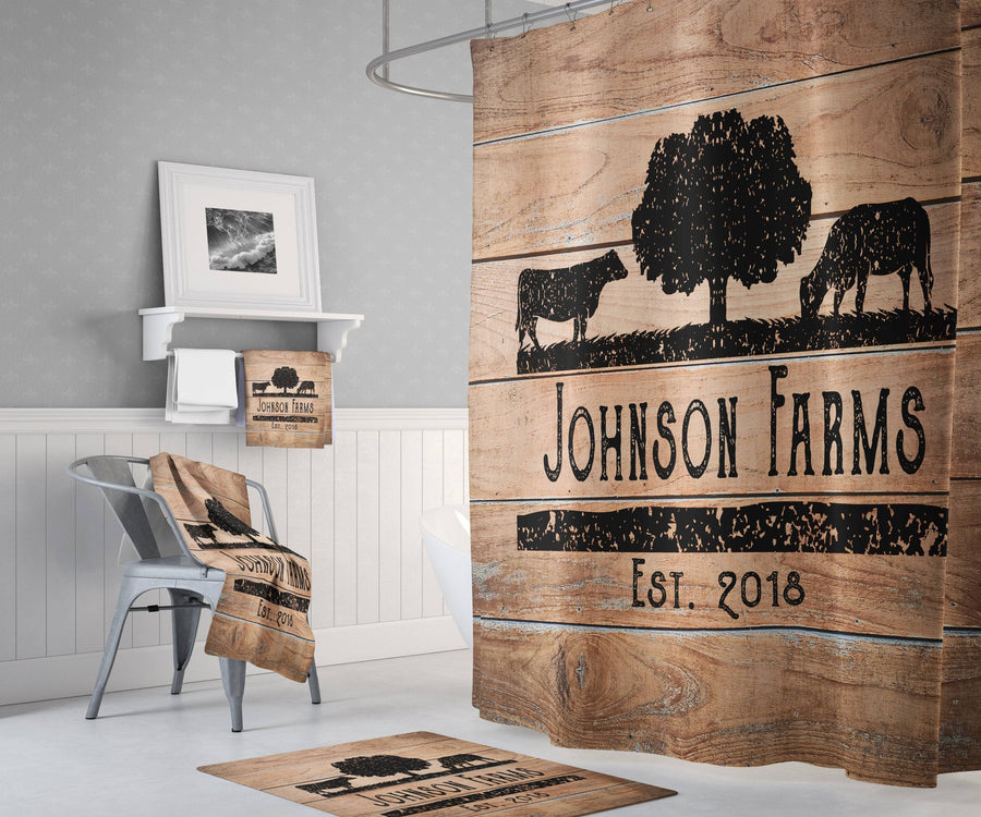 Personalized Rustic Angus Cow Farm Shower Curtain with Optional Bathmat | Rustic Wood, Cow Silhouette - Deja Blue Studios
