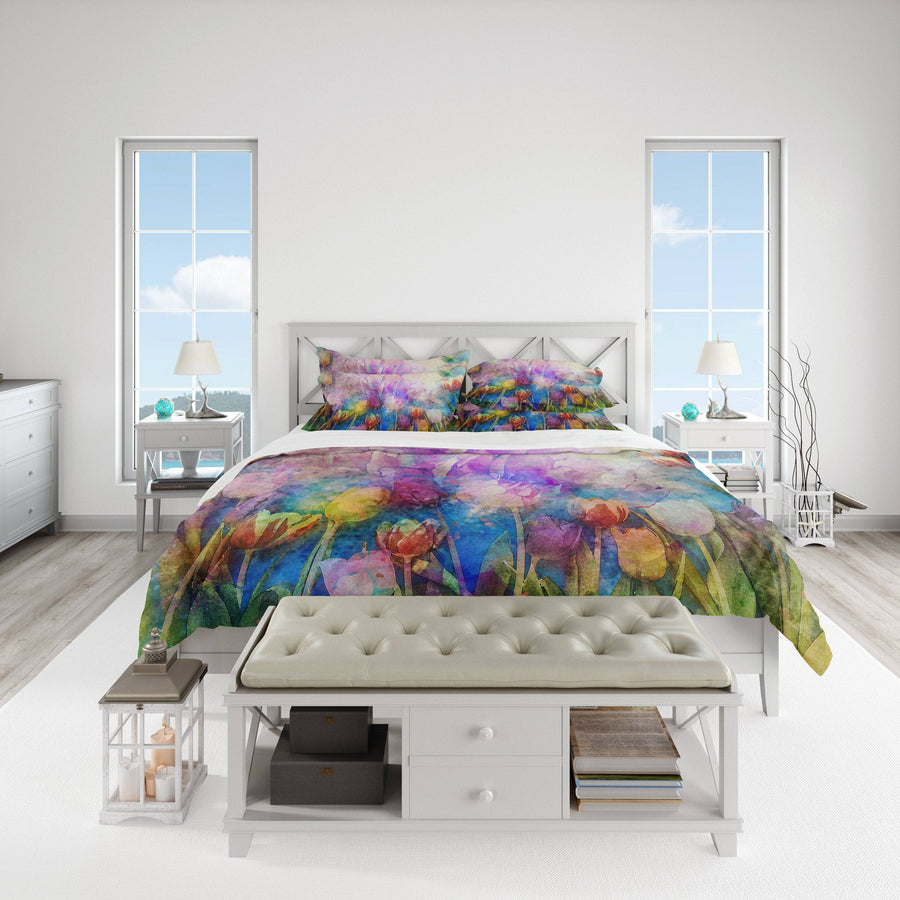 Pastel Watercolor Flowers Duvet Cover | Twin, Queen, King Size | Green and Purple Bedding | Pillow Shams - Deja Blue Studios