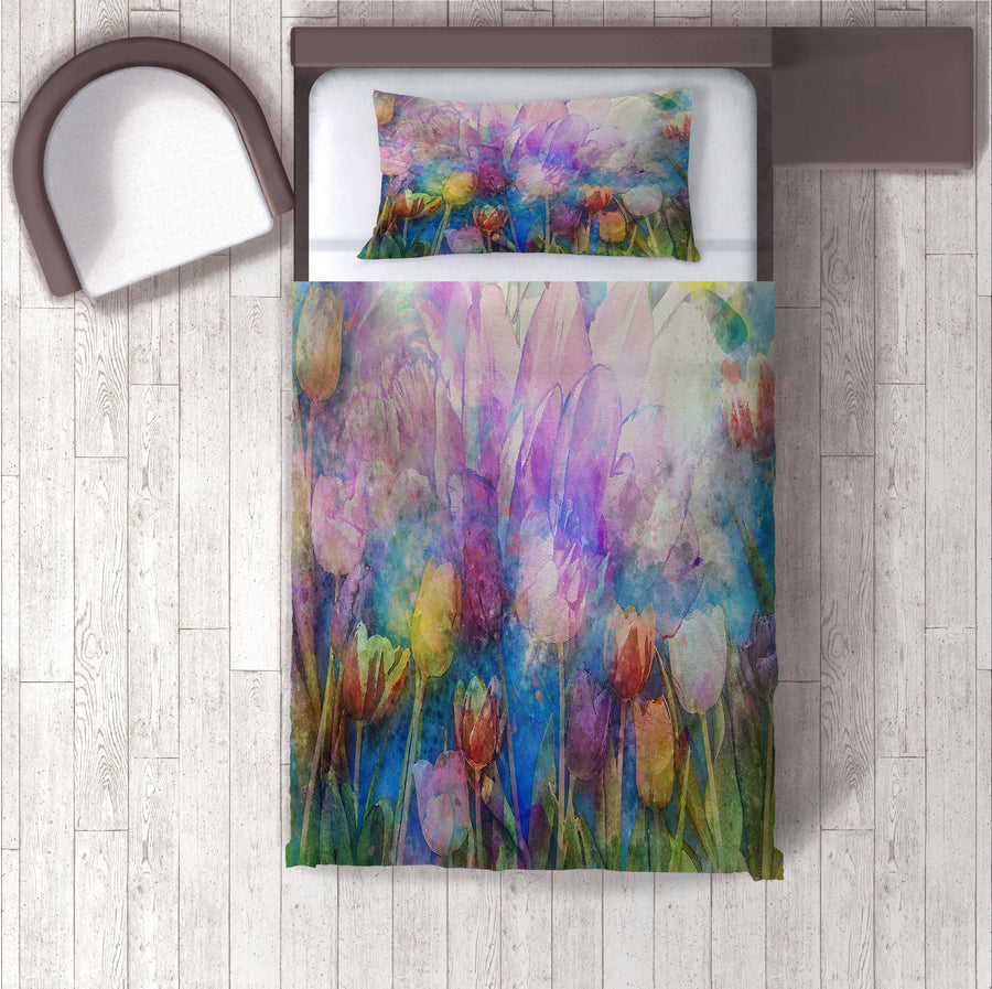 Pastel Watercolor Flowers Duvet Cover | Twin, Queen, King Size | Green and Purple Bedding | Pillow Shams - Deja Blue Studios