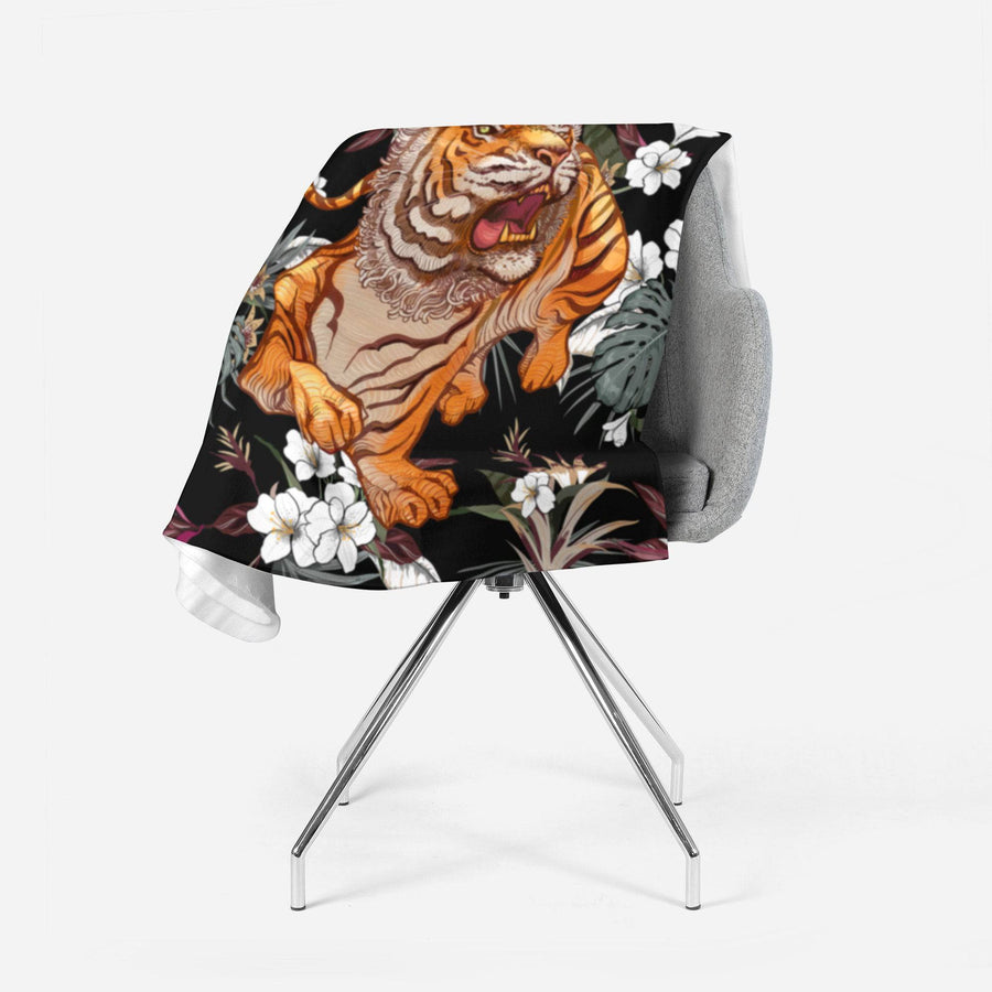 Stunning Tiger and Floral Print Throw Blanket | Size and Material Options | Wild Animal, Big Cat Blanket - Deja Blue Studios