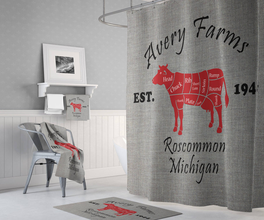 Personalized Rustic Meat Cut Farm Shower Curtain with Optional Bathmat | Cow, Pig and Chicken, Faux Gray Burlap Print - Deja Blue Studios
