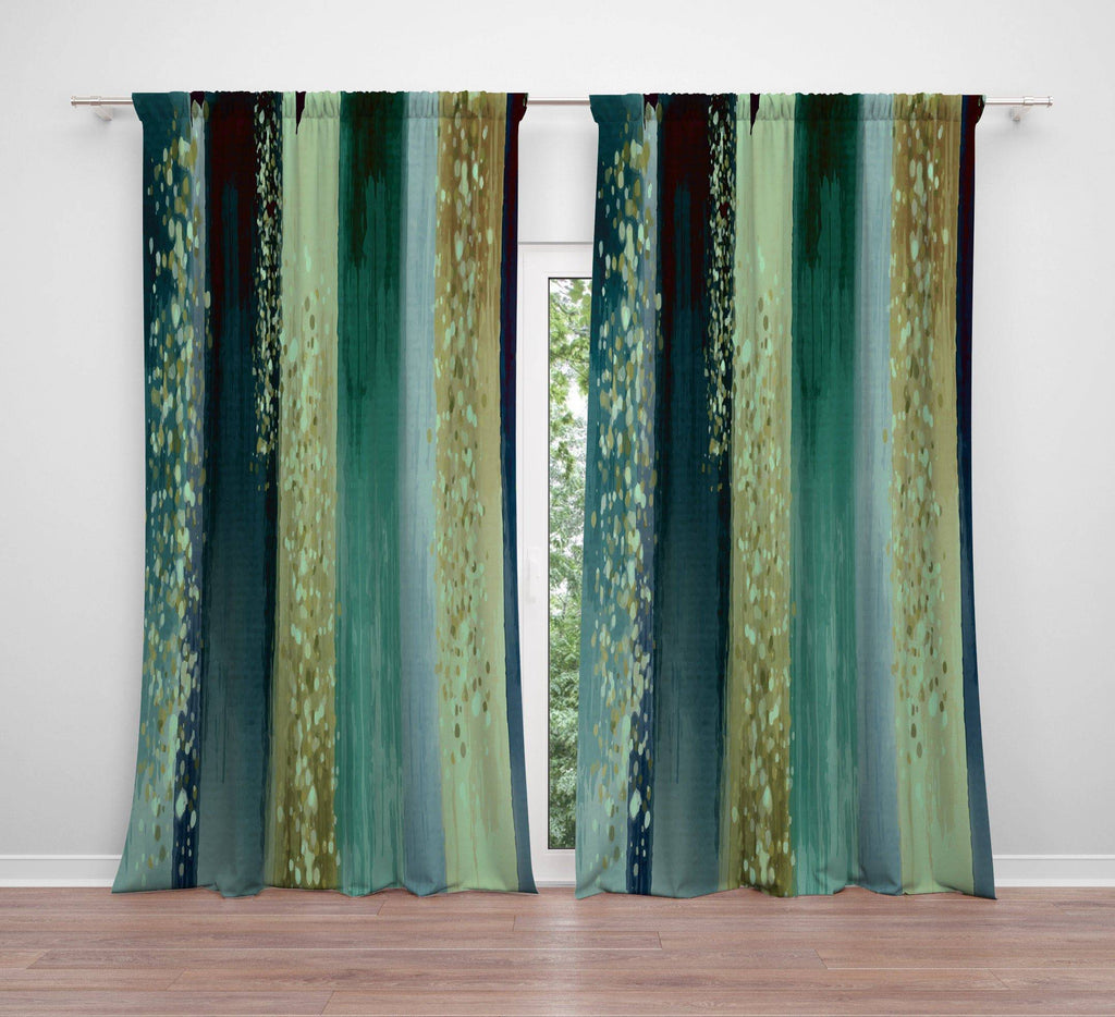 Striped Watercolor Boho Nautical Green Window Curtains - Deja Blue Studios