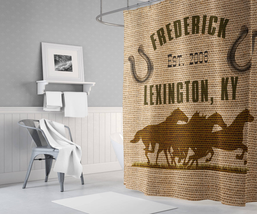 Rustic Farmhouse Shower Curtain Personalized Horses | Long and Extra Long Shower Curtain | Faux Burlap Brown Print - Deja Blue Studios