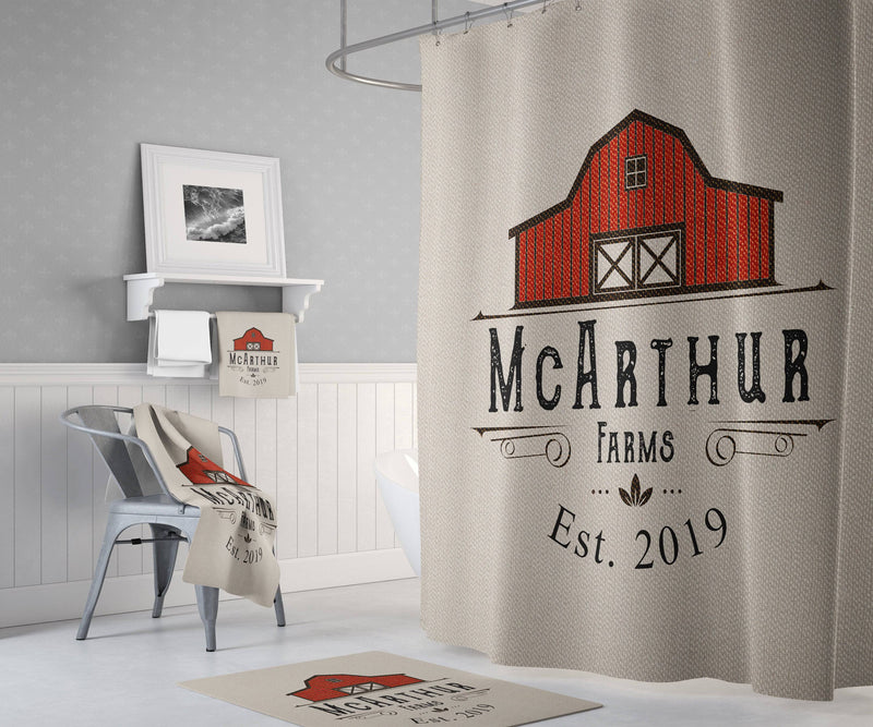 Rustic Personalized Farmhouse Bathroom Shower Curtain With Family Name | Red Barn, Vintage Farm Themed Bathroom Decor - Deja Blue Studios