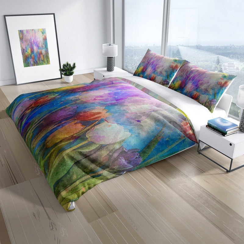 Pastel Watercolor Flowers Duvet Cover | Twin, Queen, King Size | Green and Purple Bedding | Pillow Shams - Deja Blue Studios