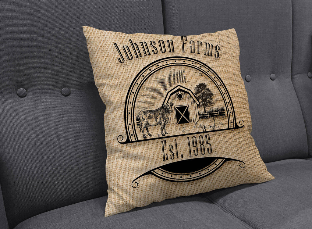 Personalized Rustic Farmhouse Throw Pillows | Square and Rectangle Pillows | Faux Burlap Print, Cow and Chicken Design - Deja Blue Studios