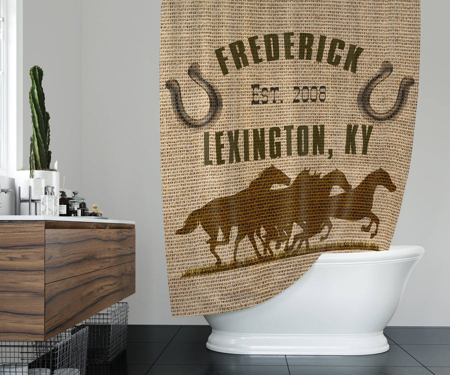 Rustic Farmhouse Shower Curtain Personalized Horses | Long and Extra Long Shower Curtain | Faux Burlap Brown Print - Deja Blue Studios