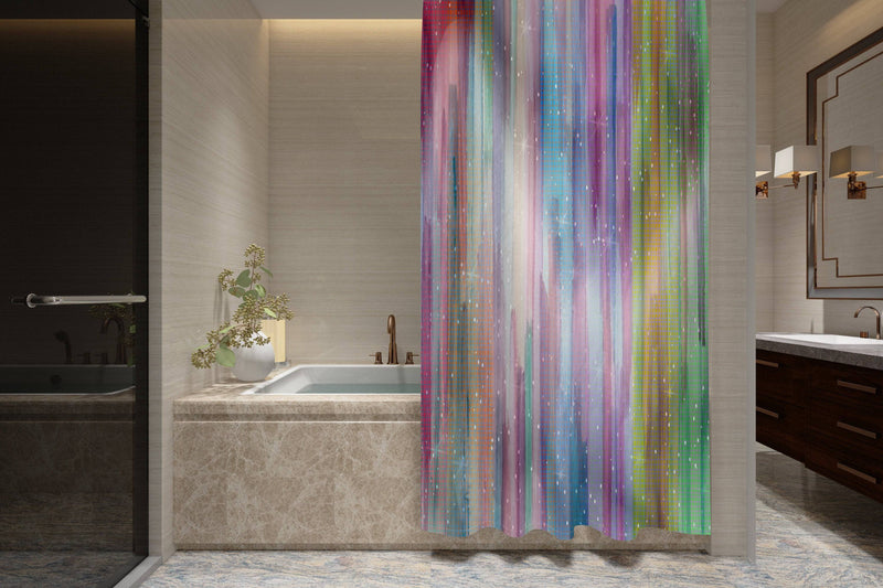 Boho Gypsy Rainbow Shower Curtain with optional Bathmat | Colorful Abstract Bathroom Furnishing - Deja Blue Studios