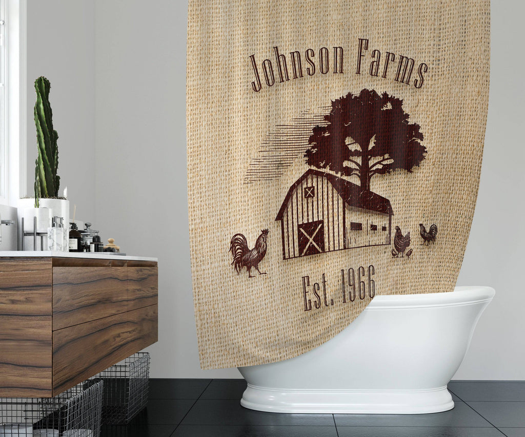 Personalized Rustic Chicken Rooster Farmhouse Shower Curtain with Optional Bathmat | Faux Burlap Brown Print - Deja Blue Studios