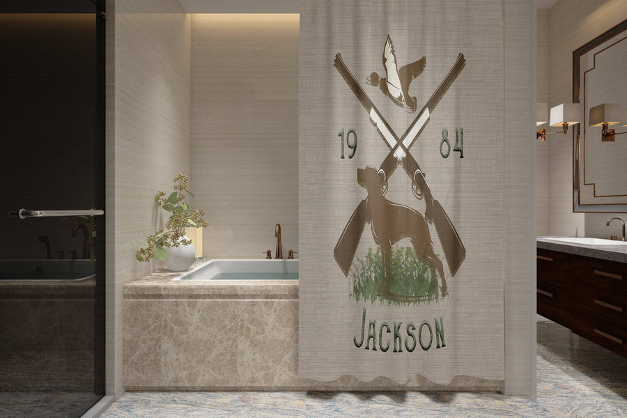 Personalized Rustic Hunting Cabin Shower Curtain | Cottage Shower Curtain | Gift for Hunters | Bird Hunting | Farmhouse Shower Curtain - Deja Blue Studios