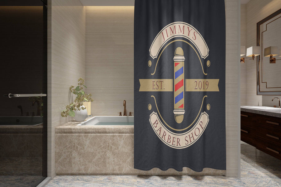 Personalized Sleek Barber Shop Logo Shower Curtain with Optional Bathmat and Towels | Barber Pole Decor - Deja Blue Studios