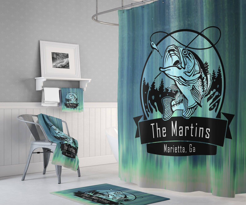 Personalized Green Water Largemouth Bass Shower Curtain | Personalized Fishing Bathroom Decor | Rustic, Sportsmen Gift - Deja Blue Studios