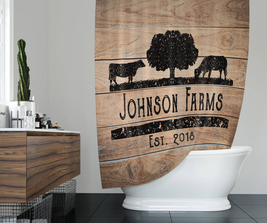 Personalized Rustic Angus Cow Farm Shower Curtain with Optional Bathmat | Rustic Wood, Cow Silhouette - Deja Blue Studios