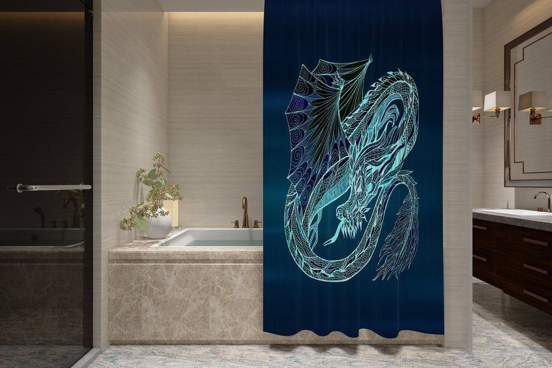 Electric Blue Dragon Shower Curtain | Decorative Bathroom Decor | Blue Steel, Dragon, Dragon Scales | - Deja Blue Studios