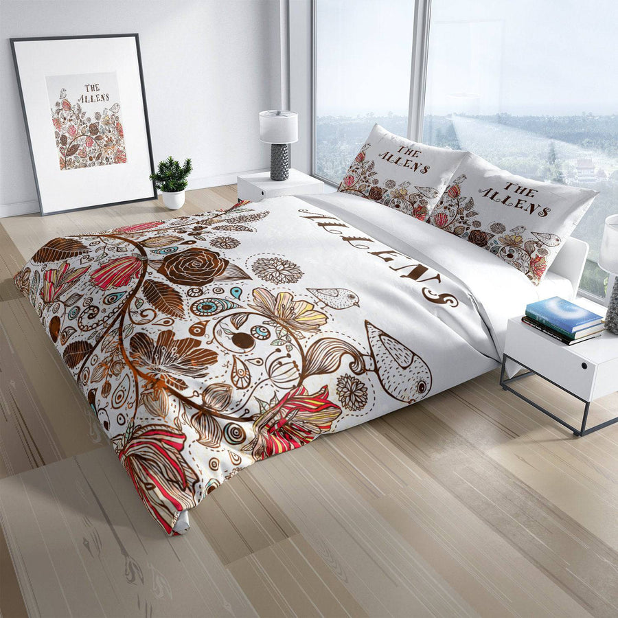 Personalized Farmhouse Chic Comforter or Duvet Cover | Twin, Queen, King Size | Neutral Brown Birds and Paisley | Custom Name - Deja Blue Studios