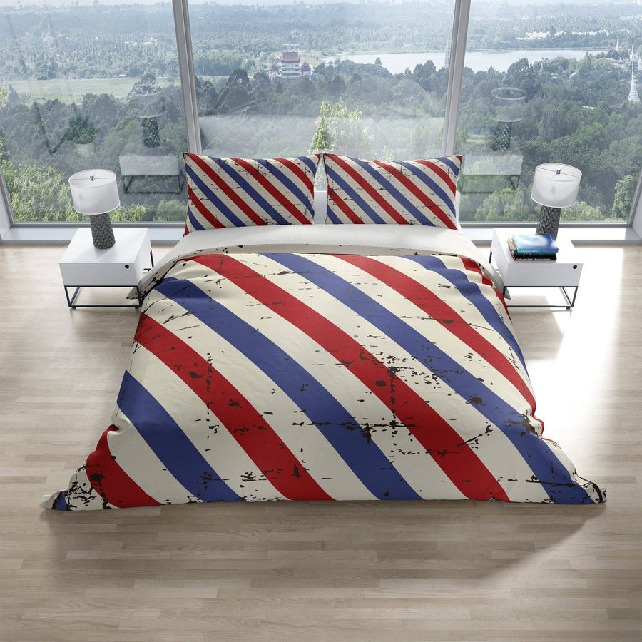 Red and White Barber Pole Striped Bedding | Comforter or Duvet Cover, Classic Throw Back | Barber Shop Design Bed Cover and Sham Options - Deja Blue Studios